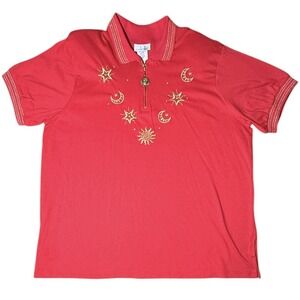 Vtg 80s 90s Bonnie Blain Celestial Top Red 2X Sun Moon Stars Gold Embroidered